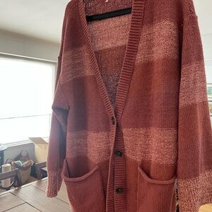 Free People Red Long Cardigan Sweater with Chunky Knit